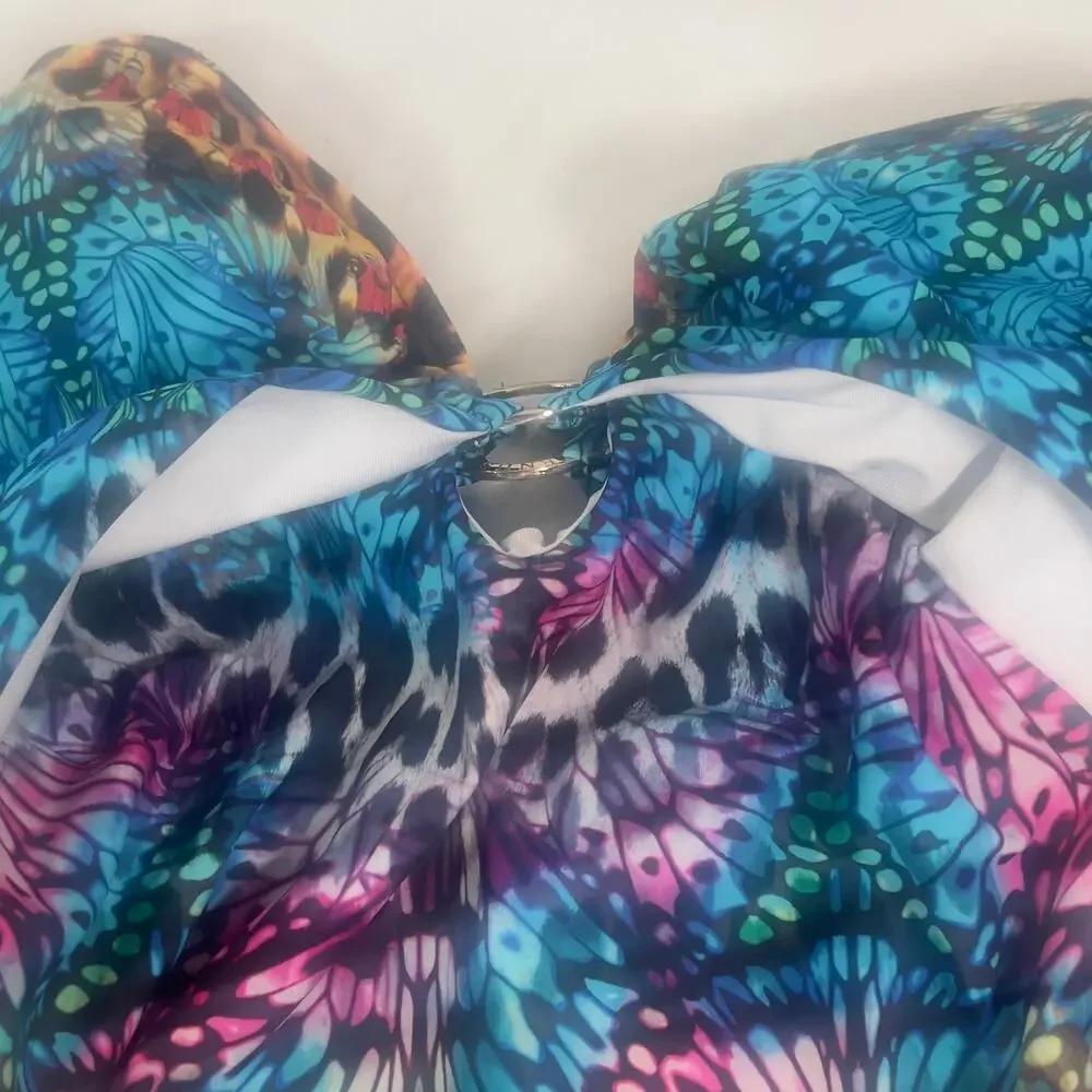 Venus Jungle Party One-Piece Swimsuit V-Neck Gold Ring Animal Print Womens 12